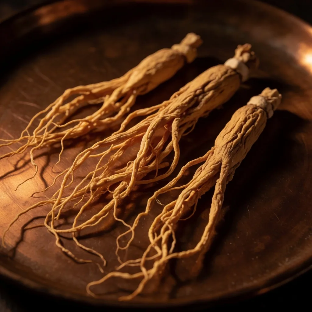 Dried ginseng roots arranged on a copper-toned surface
