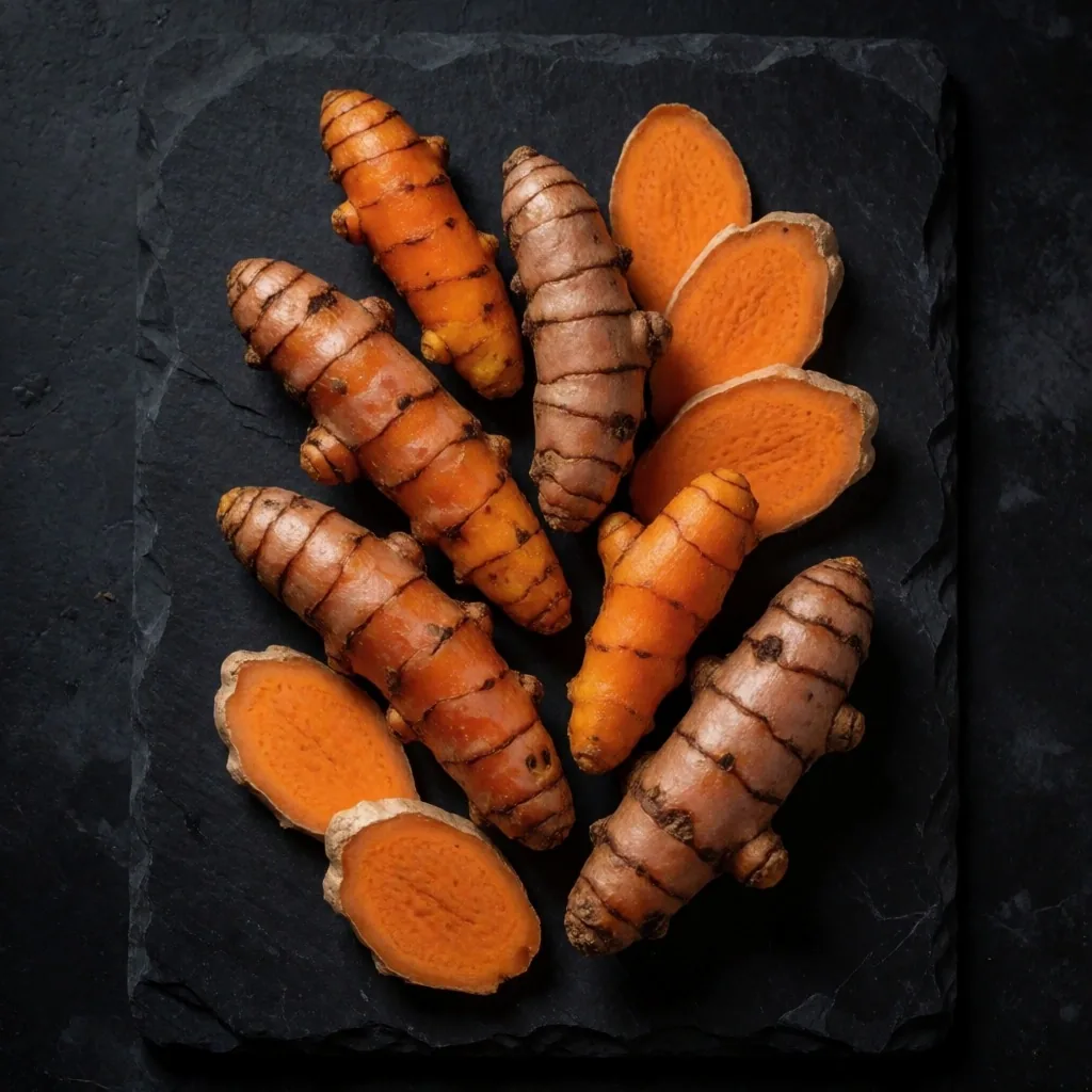 Indonesian ginger and turmeric on dark slate