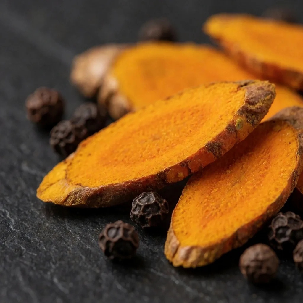 Fresh turmeric and ginger roots on a dark surface