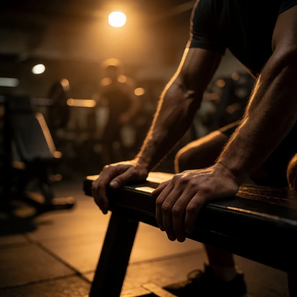 Hands resting after workout in dim lighting