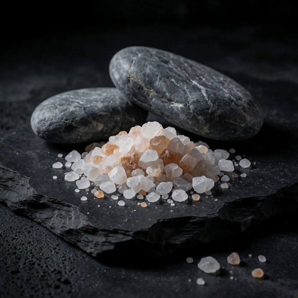 Mineral crystals on dark slate