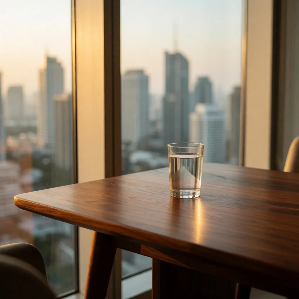 Morning sunlight on a desk with water glass