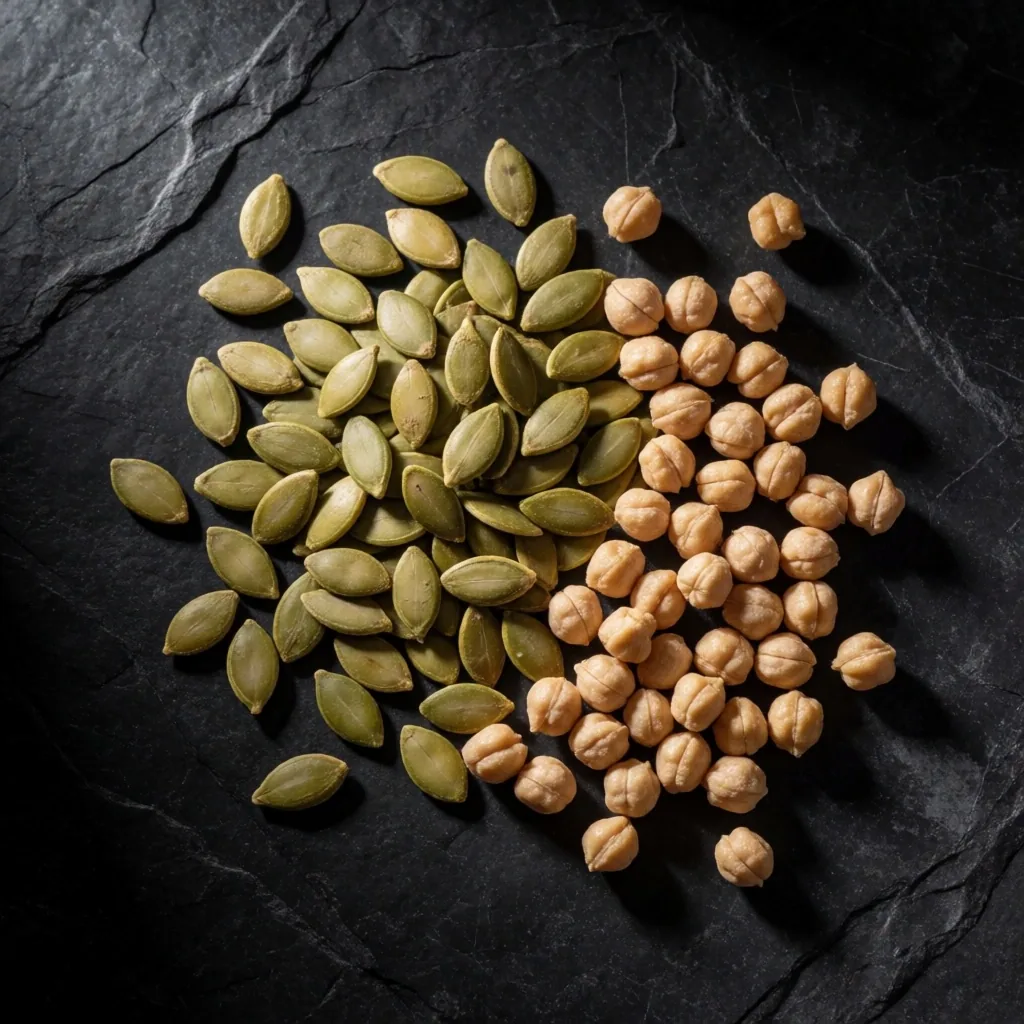 Pumpkin seeds and chickpeas on dark stone