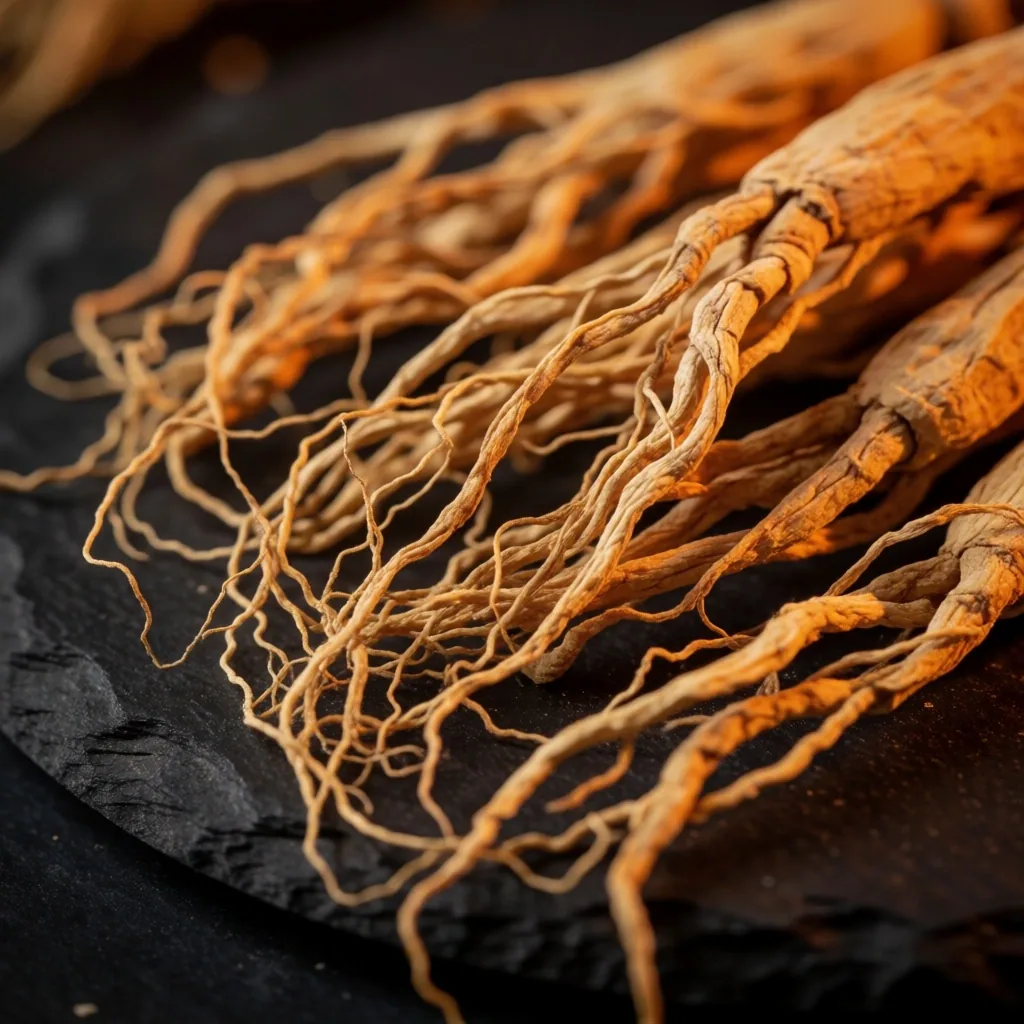 Dried ginseng roots on dark surface