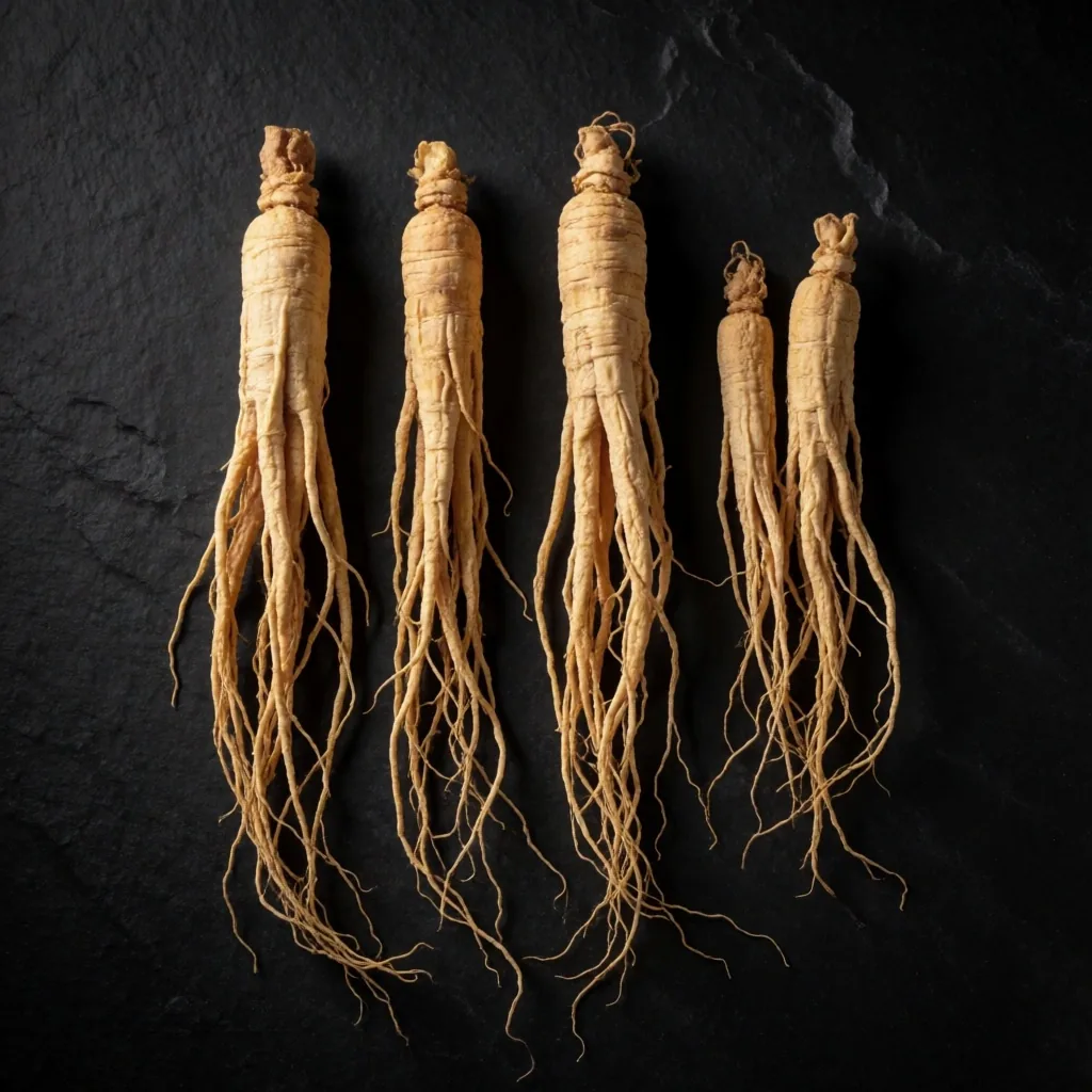 Dried ginseng roots arranged on a dark plate