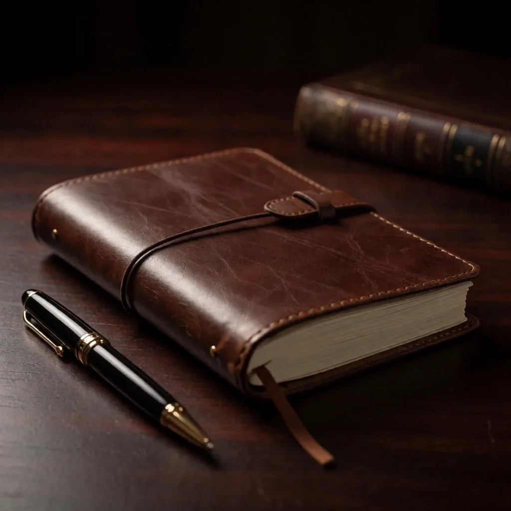 Open notebook with pen on dark wooden desk