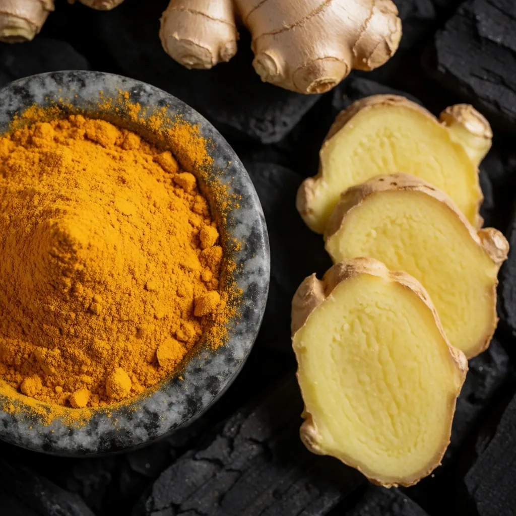 Turmeric powder and ginger slices on dark stone